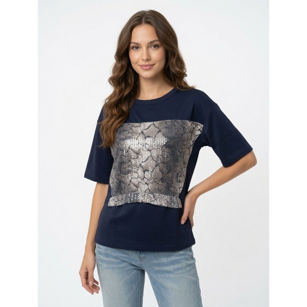 Blue Snake Print Sequin Panel Short Sleeve Top Blouse Size S